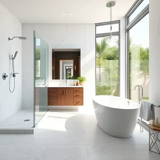 Renovated Coral Springs bathroom with glass walk-in shower marble tiles modern vanity bathtub lush greenery natural light