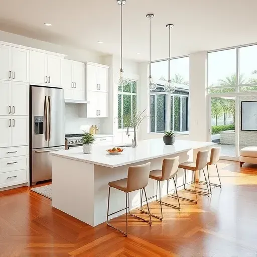 Modern Hialeah kitchen remodel with white cabinets, quartz countertops, stainless appliances, and natural lighting.