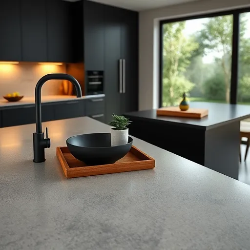 A hyperrealistic depiction of a modern kitchen featuring stunning concrete countertops as the main focus. The close-up view highlights the textured surface with subtle imperfections and natural color variations, ranging from warm ash greys to cool slate tones. The scene includes minimalist design elements such as a matte black faucet, a contemporary vessel sink, and neatly arranged kitchen accessories like a woven wooden tray with a small potted succulent. Quirky details add charm, including a tiny ceramic cat peeking from behind a fruit bowl and a colorful vintage lemon squeezer beside a cutting board. The background showcases a sleek kitchen island with built-in LED lighting that casts a soft, inviting glow, complemented by matte black cabinetry with subtle handles, creating depth and elegance. Reflections on the polished concrete surfaces and warm ambient light streaming through a large window enhance the calm, upscale atmosphere. The view extends to a serene outdoor garden with lush greenery and soft shadows, blending professionalism with a playful touch. The color palette combines neutral concrete tones with warm wood accents and vibrant pops of color from decorative kitchenware, emphasizing aesthetic appeal and functional artistry. The hyperrealism style captures the tactile qualities of the concrete, emphasizing its roughness and smoothness, with meticulous attention to lighting, shadows, and material details that evoke sophistication and contemporary style suitable for a stylish blog cover.