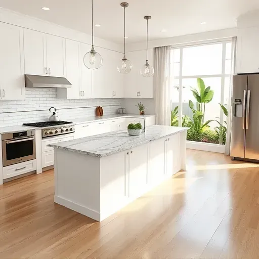 Modern kitchen remodel in Jupiter FL features sleek cabinets, granite island, stainless appliances, and tropical views.