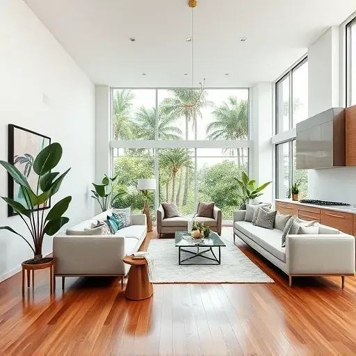 Contemporary Miami living room with open floor plan, modern furniture, tropical plants, and natural light.
