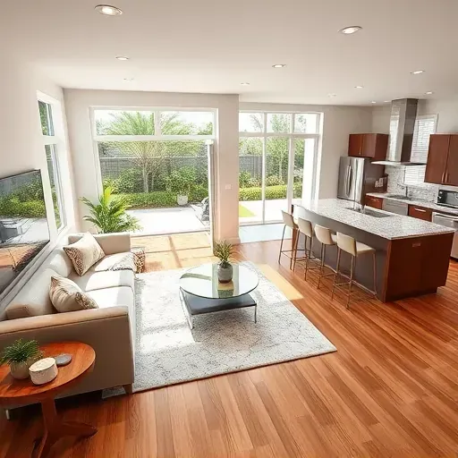 Modern Tamarac living room with hardwood floors, bright decor, stainless steel kitchen, and lush outdoor views.