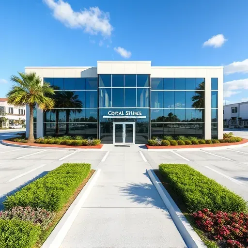 Newly completed modern commercial building in Coral Springs FL featuring large glass windows, landscaped surroundings, and a clean parking lot