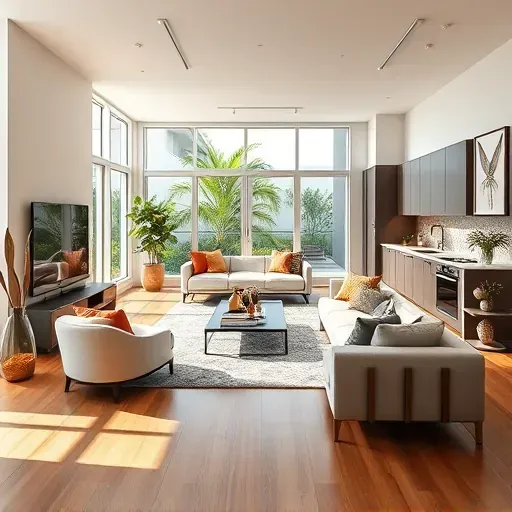 Contemporary Coconut Creek living space with natural light, neutral tones, wood floors, and stylish kitchen appliances.