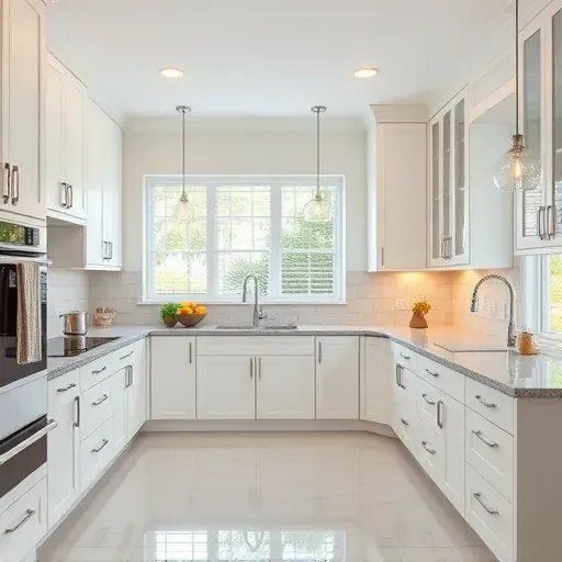 Refined kitchen with neutral cabinets, stylish backsplash, granite countertop, modern appliances, and bright natural lighting