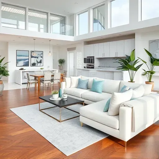Elegantly remodeled living room in Dania Beach with modern coastal design, natural light, and sophisticated furnishings.