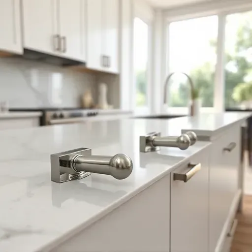 Close-up of modern kitchen with polished stainless steel cabinet handles and knobs on sleek custom cabinetry in bright natural light