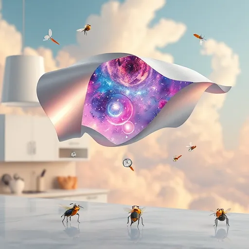 A surrealist illustration depicting the concept of repairing peeling laminate countertops in a dreamlike kitchen scene. A large, shimmering countertop floats mid-air, partially peeling away into delicate, translucent layers that reveal a vibrant, intricate universe beneath. The peeling edges curl whimsically and transform into abstract waves, embedded with tiny clock gears and luminous bubbles symbolizing the passage of time and renewal. Surrounding this focal point are exaggerated, elongated paintbrushes gently brushing away the peeling, transforming into blooming flowers with colorful, swirling patterns that symbolize creativity and restoration. In the background, a soft-focus kitchen environment seamlessly blends into a dreamy, cloudy sky composed of pastel pinks, pale blues, and muted yellows, creating a calming and optimistic atmosphere. Playful details include miniature repair tools with smiling faces floating like helpful spirits and tiny insects with luminous wings inspecting the scene, adding quirky personality. Slightly distorted reflections in shiny surfaces suggest different perspectives, encouraging viewers to consider alternative repair solutions. The overall tone combines calmness with a sense of magic and possibility, utilizing a surreal palette of cool blues, warm peaches, and gentle lavenders to capture the challenge and hopeful act of fixing laminate countertops.