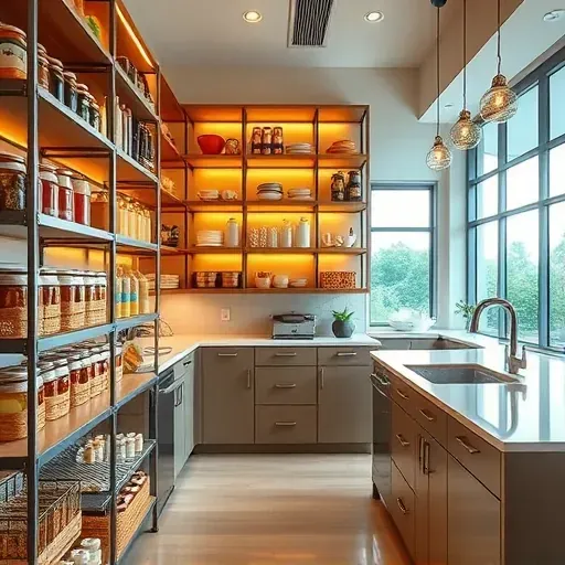 Beautiful custom pantry with organized jars and baskets in a modern kitchen with warm tones and natural light