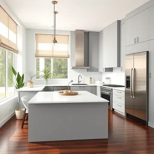 Modern Lauderhill kitchen remodel features gray cabinetry, marble countertop, stainless appliances, and elegant decor.