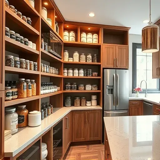 Custom modern pantry in Coral Springs FL with wooden shelves glass jars polished countertops and natural light
