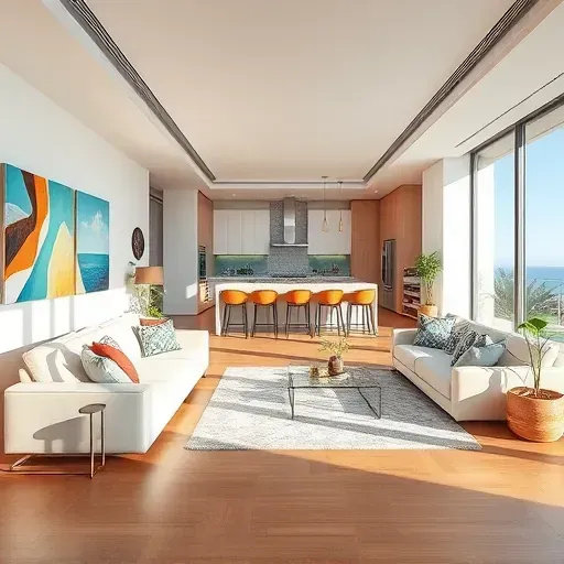 Contemporary open-concept living space in Sunny Isles Beach with modern furnishings and coastal decor.