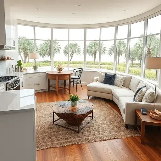 Sleek Jupiter FL kitchen with quartz countertops, modern living area, and large windows showcasing palm trees.