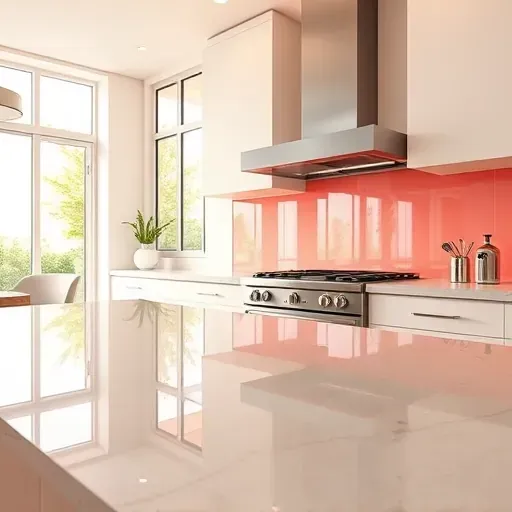 Freshly installed vibrant glass backsplash in modern Coral Springs kitchen with polished quartz countertops and stainless steel appliances