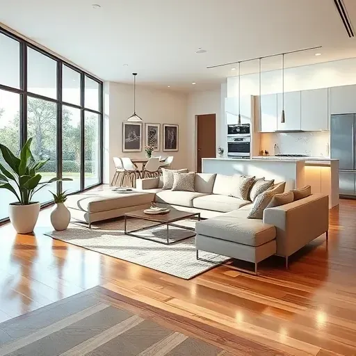 Modern renovated living room in Coral Springs FL with stylish furniture, hardwood floors, large windows, minimalist decor, and open-concept kitchen