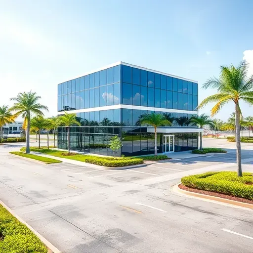 Newly completed modern commercial building in Coral Springs FL with glass facades, landscaped surroundings, and a spacious parking lot