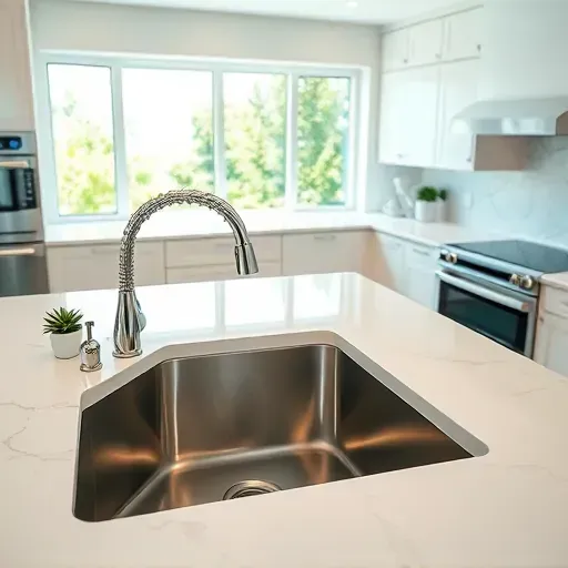 Freshly installed stainless steel undermount kitchen sink in a modern Coral Springs upscale kitchen with marble countertops and elegant fixtures