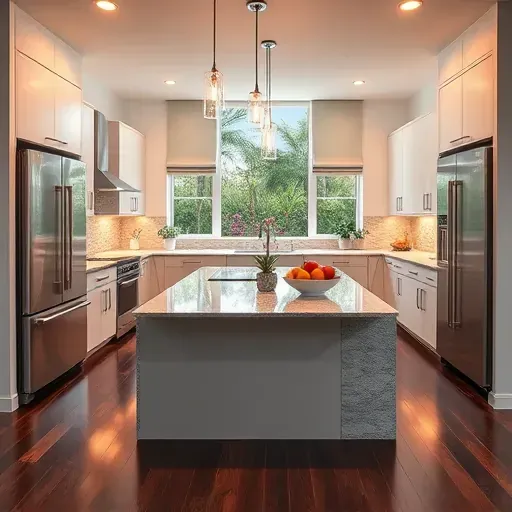 Modern Broward County kitchen remodel features stainless steel appliances, granite island, and warm ambient lighting.