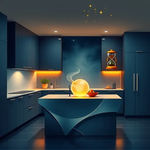 A modern, abstract depiction of a compact 8 by 12-foot kitchen rendered in a symbolic art style. The image features interconnected puzzle-piece cabinets symbolizing harmony, a flowing ribbon-shaped countertop representing creativity, and a radiant orb-shaped central island signifying warmth and nourishment, with stylized steam wisps of utensils blending functionality and ethereal energy. The color palette includes deep blues and soft golds to evoke tranquility and sophistication, enhanced by touches of burnt orange and moss green for vitality. In the dreamy background, translucent, floating herbs, fruits, and spices convey abundance, while subtle symbolic elements—such as an hourglass integrated into the backsplash indicating time, and constellation-like stars above representing inspiration—add depth. Playful details include a smiling, stylized teapot with whimsical steam forming shapes like hearts and stars, emphasizing joy and passion for culinary art. The overall tone balances calm contemplation with a touch of whimsy, portraying the kitchen as a space of artistic expression, inner harmony, and creative spirit.