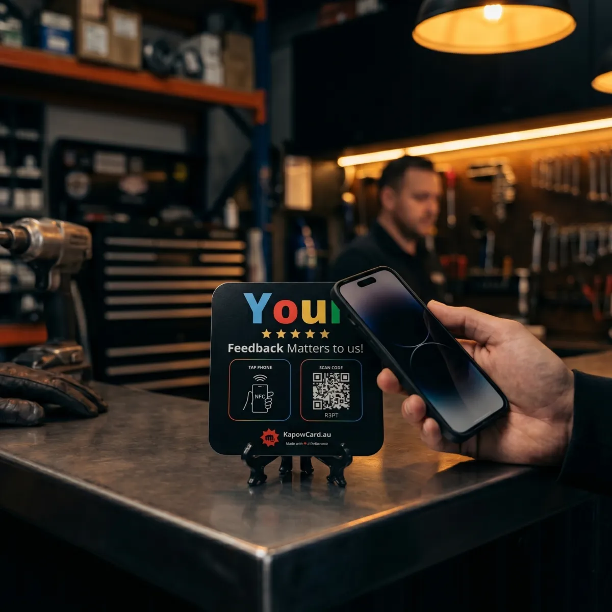 Customer tapping Kapow Review Card with smartphone in a workshop setting