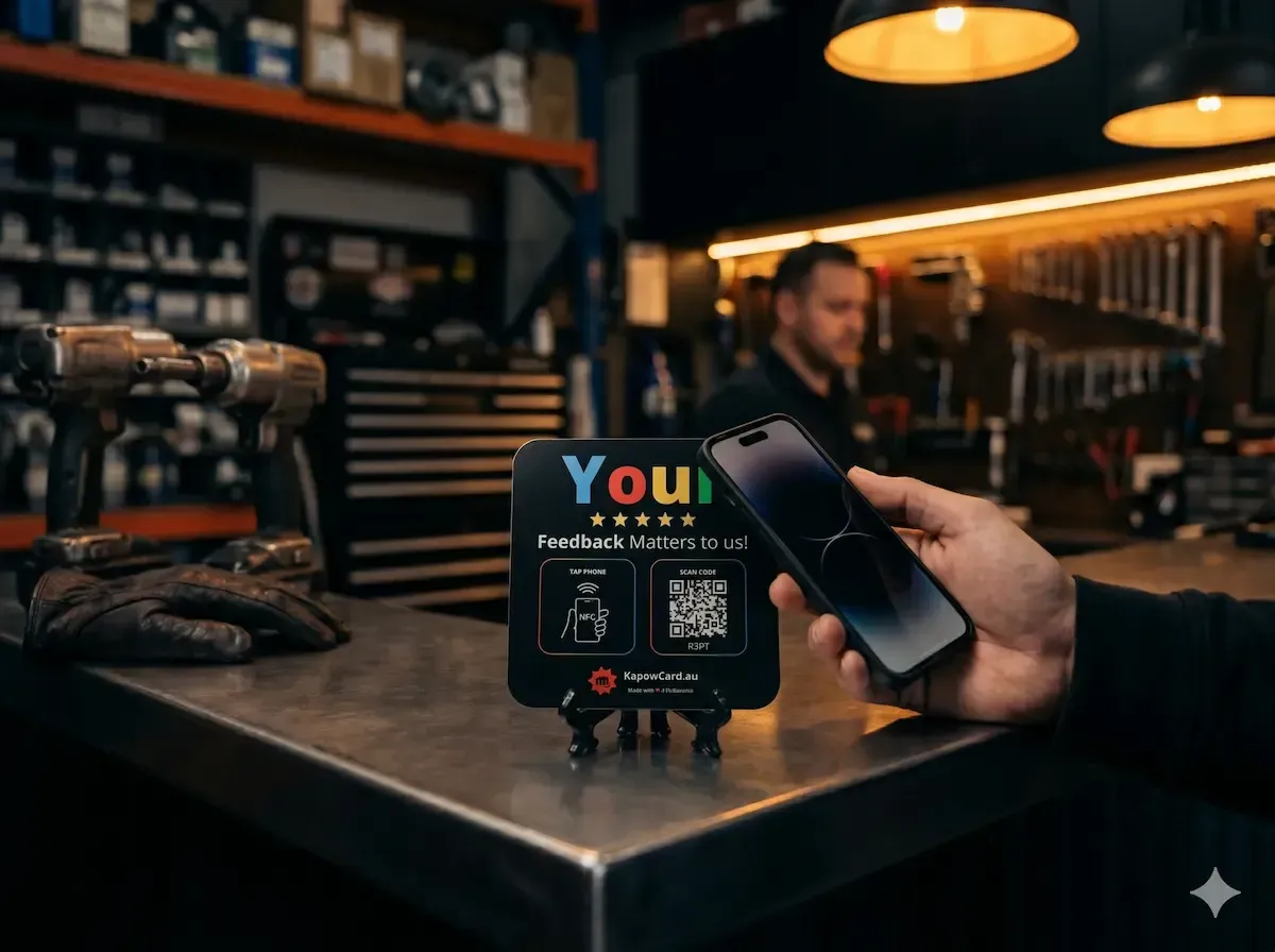 Customer tapping Kapow Review Card with smartphone in a workshop setting