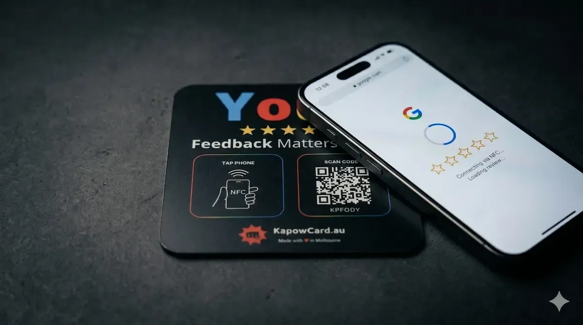 Close-up of the NFC card tap moment — phone touching card, Google review screen visible.