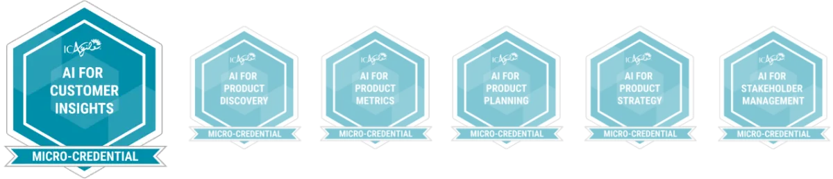 The full AI for Products Skills Collection badges, micro-credential ICAgile badge series, highlighting the "AI for Customer Insights" micro-credential badge 