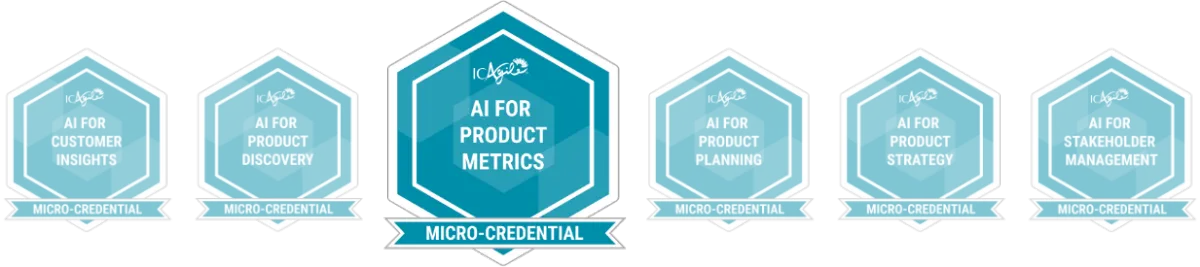 The full AI for Products micro-credential ICAgile badge series, highlighting the "AI for Product Metrics" micro-credential badge 