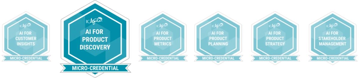 The full AI for Products micro-credential ICAgile badge series, highlighting the "AI for Product Discovery" micro-credential badge 
