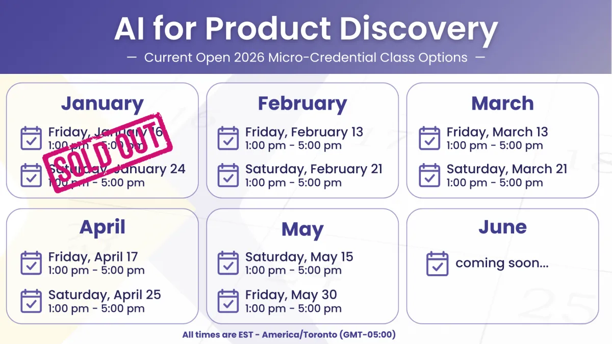 At-a-glance class options for the "AI for Product Discovery" micro-credential in January through June, 2026. January classes are sold out