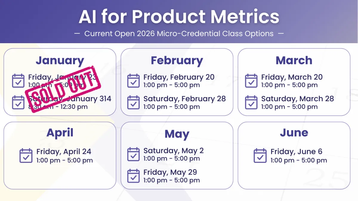 At-a-glance class options for the "AI for Product Metrics" micro-credential in January through June, 2026. January classes are sold out.