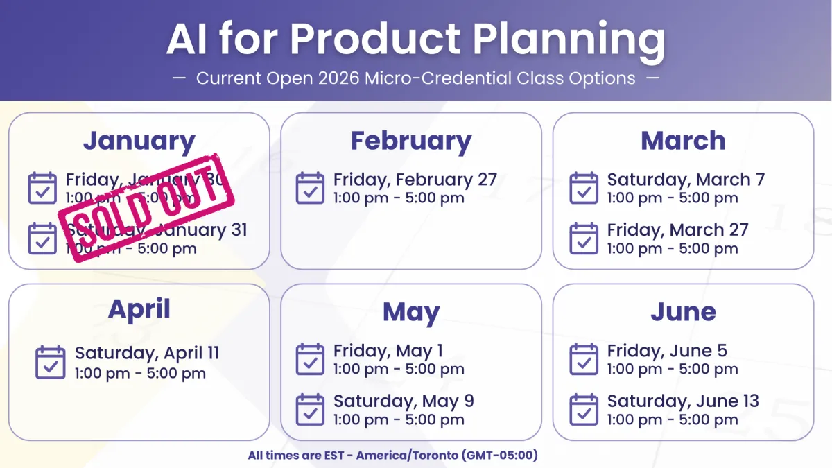 At-a-glance class options for the "AI for Product Planning" micro-credential in January through June, 2026. January classes are sold out.