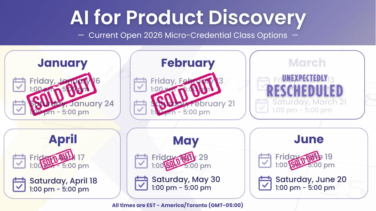 At-a-glance class options for the "AI for Product Discovery" micro-credential in January through June, 2026. January classes are sold out