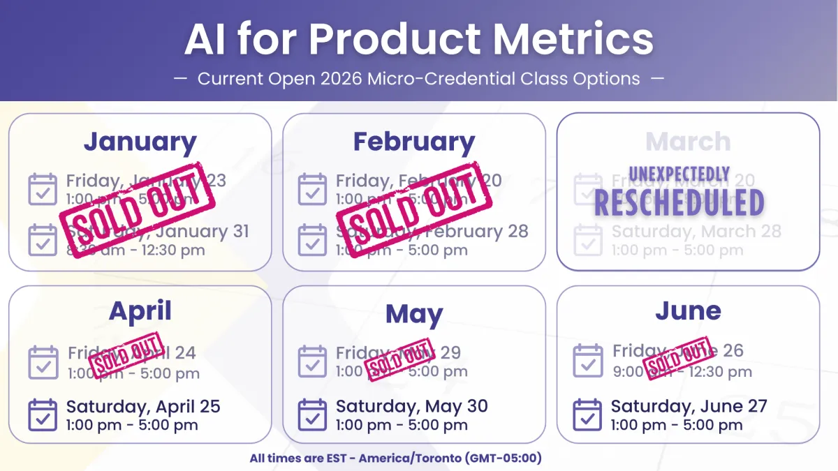 At-a-glance class options for the "AI for Product Metrics" micro-credential in January through June, 2026. January classes are sold out.