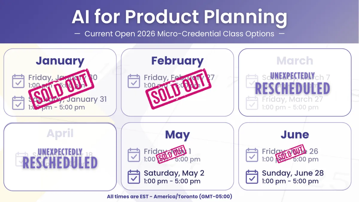 At-a-glance class options for the "AI for Product Planning" micro-credential in January through June, 2026. January classes are sold out.