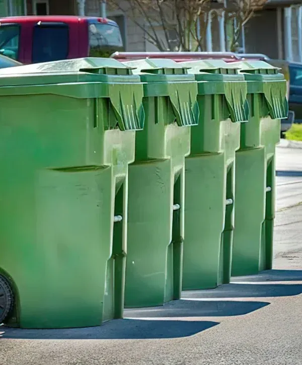 Multiple green trash bins placed curbside for weekly trash pickup