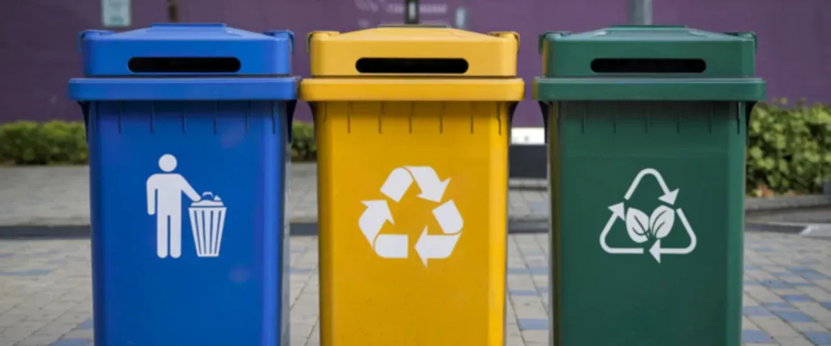 Public recycling, trash and organic waste bins for sustainable waste management.