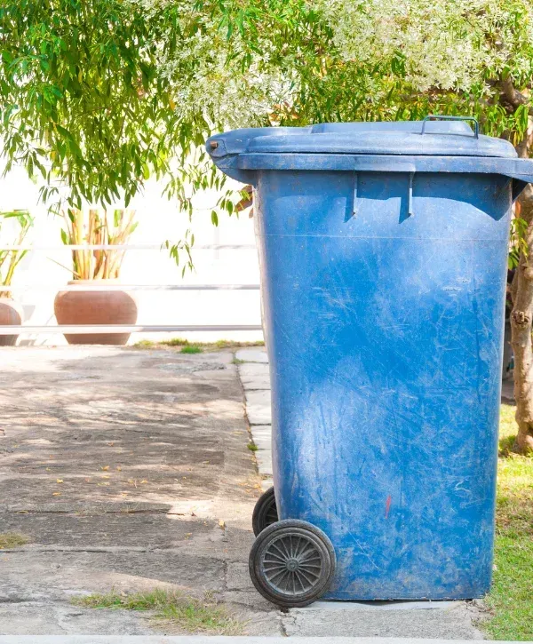 A tall, weathered blue plastic trash can with wheels stands on a paved surface next to green grass and foliage.
