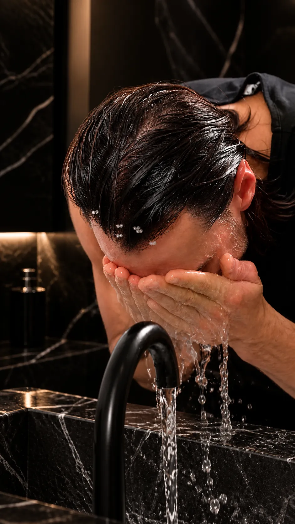 Jorge washing his face at a bathroom sink