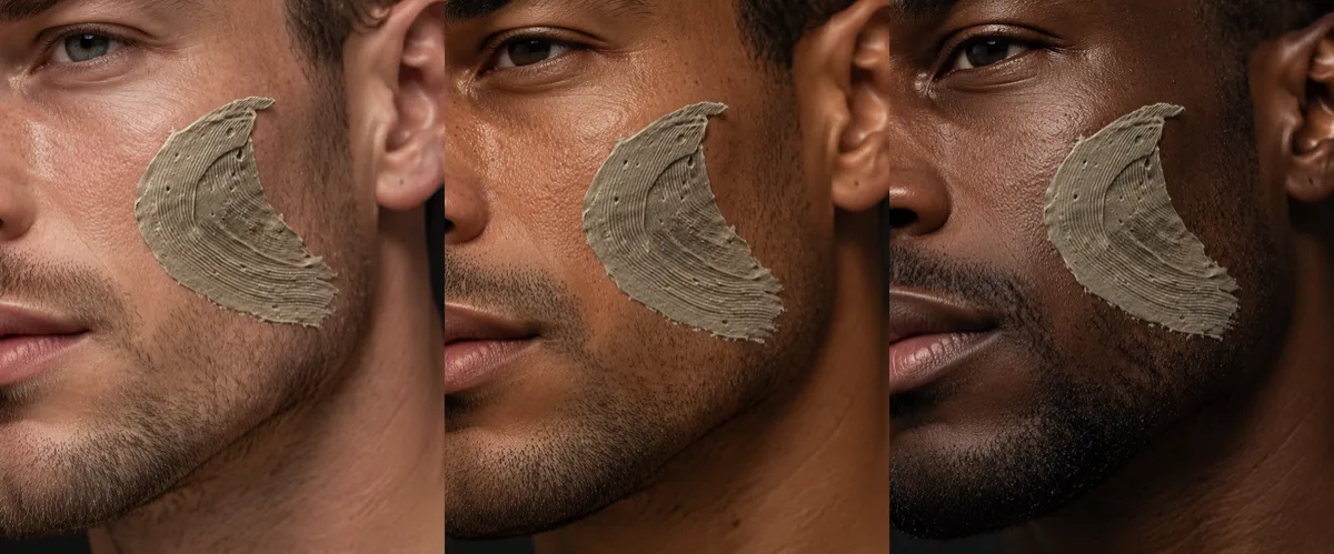 Illustrative close-ups of light, medium, and deep brown male skin showing natural texture and a gray-beige clay mask swatch