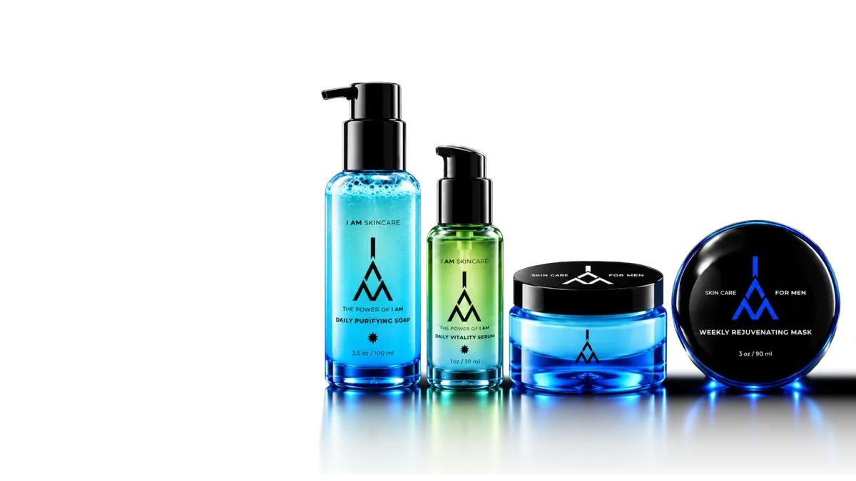 The One Set by I AM Skincare for Men: Daily Purifying Soap, Daily Vitality Serum, night cream, and Weekly Rejuvenating Mask