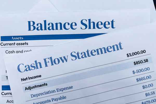 Financial documents showing balance sheet and cash flow statement with net income, adjustments, depreciation expense, accounts payable, customer credits