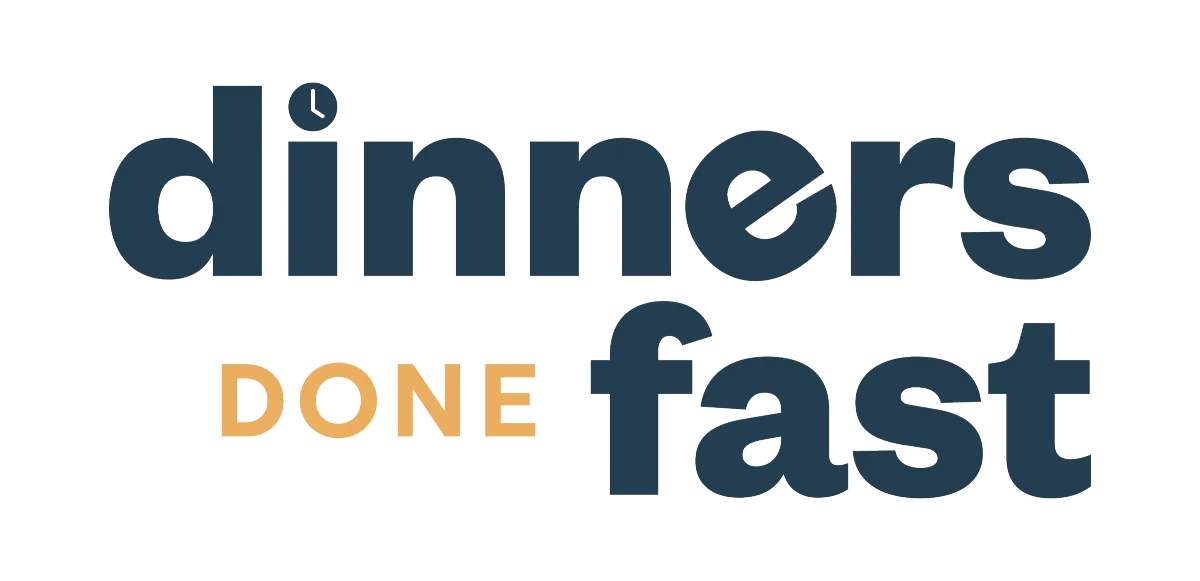 Dinners Done Fast logo with bold navy lettering and “DONE” highlighted in gold. Informative, brand-related.