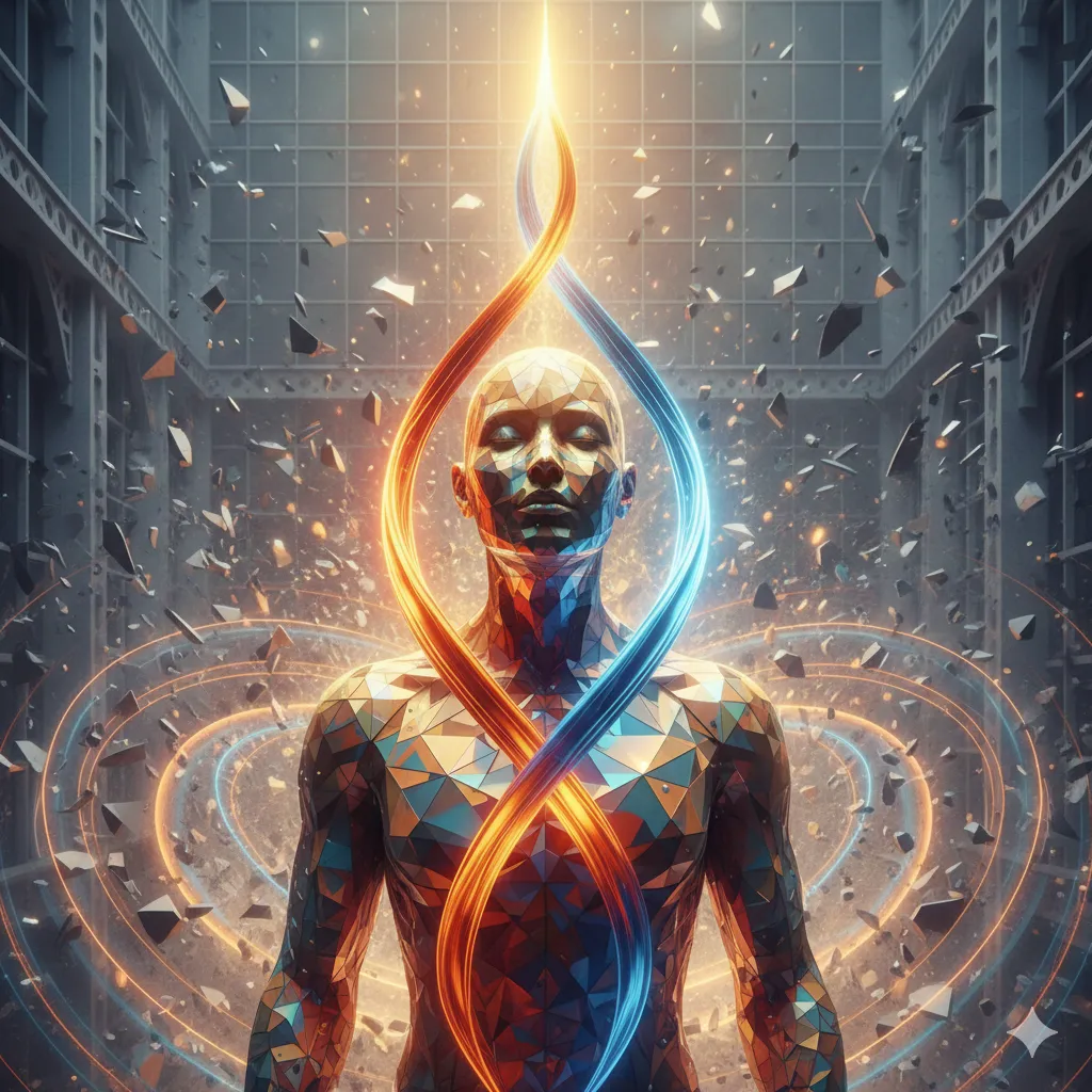 Abstract illustration representing Signature Alignment, showing a human figure integrated with flowing light energy symbolizing reclaimed spiritual power, clarity, and freedom from blind assimilation.