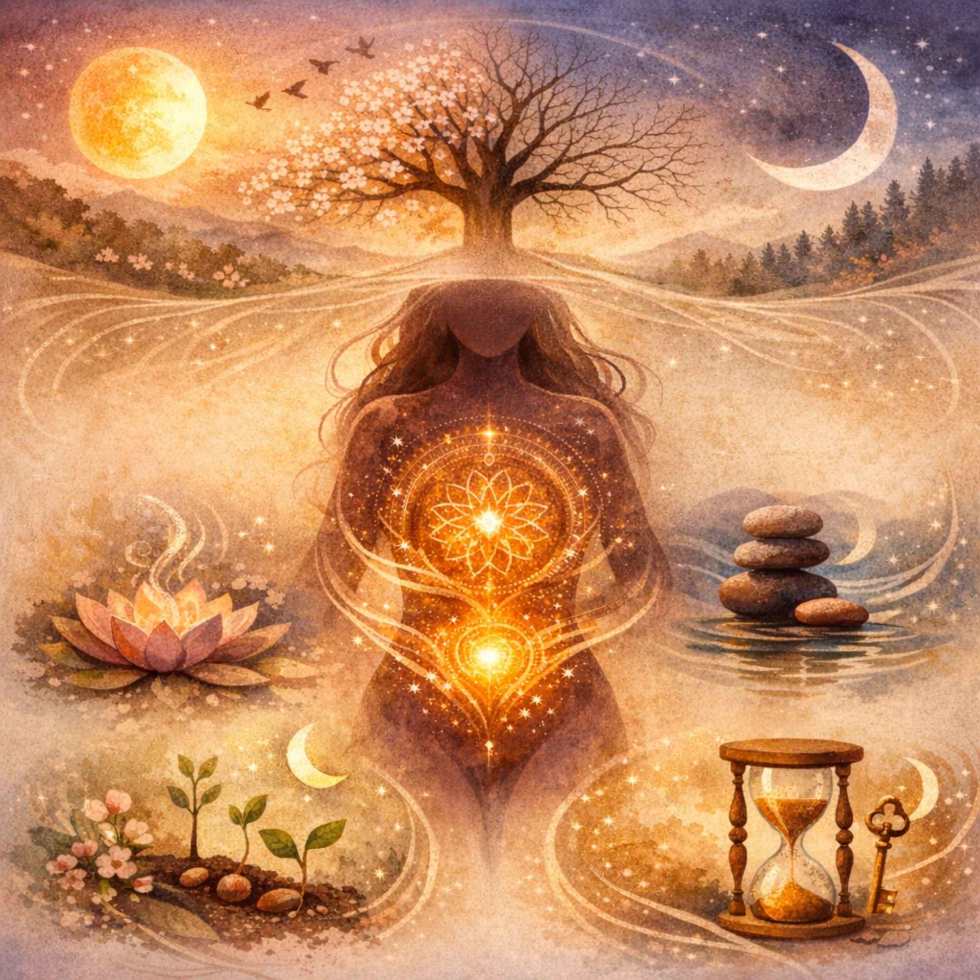 Abstract illustration representing Signature Alignment, showing a human figure integrated with flowing light energy symbolizing reclaimed spiritual power, clarity, and freedom from blind assimilation.