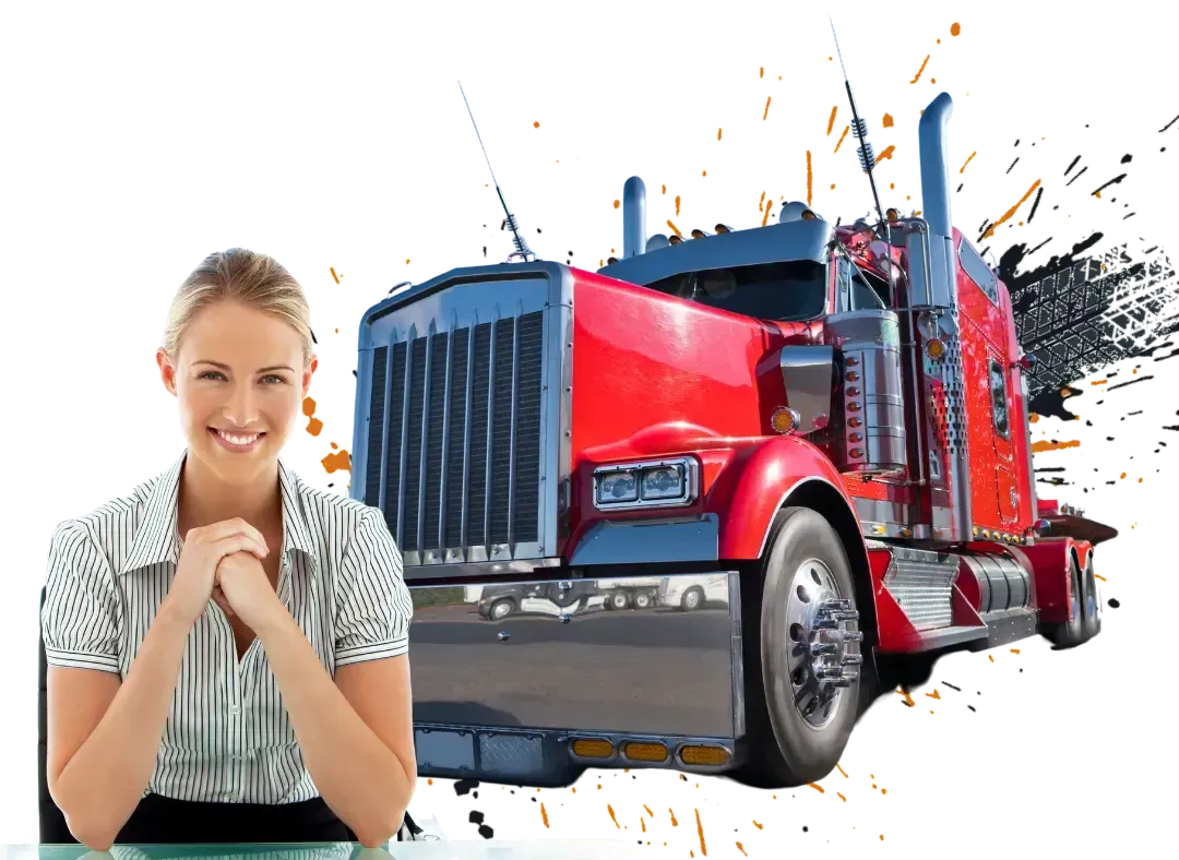 Blonde female insurance agent with red semi truck