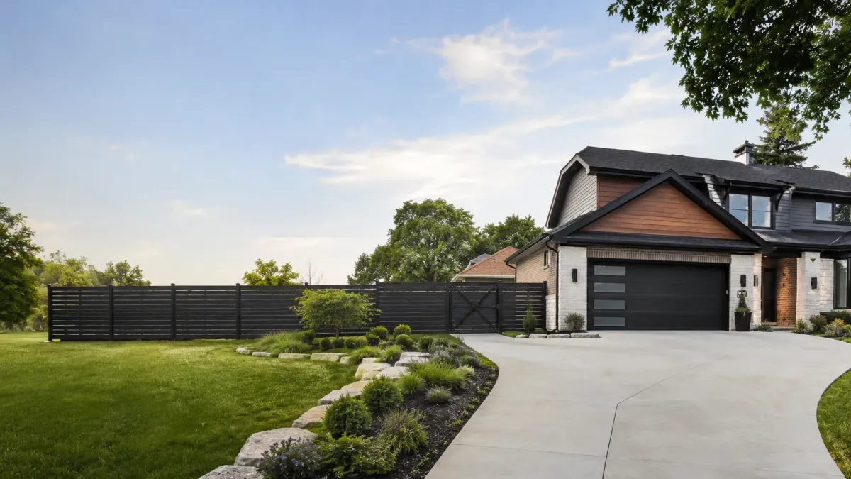 Single-story Metro Detroit home with vinyl privacy fence, secure gate, landscaped lawn, concrete driveway, and attached garage.