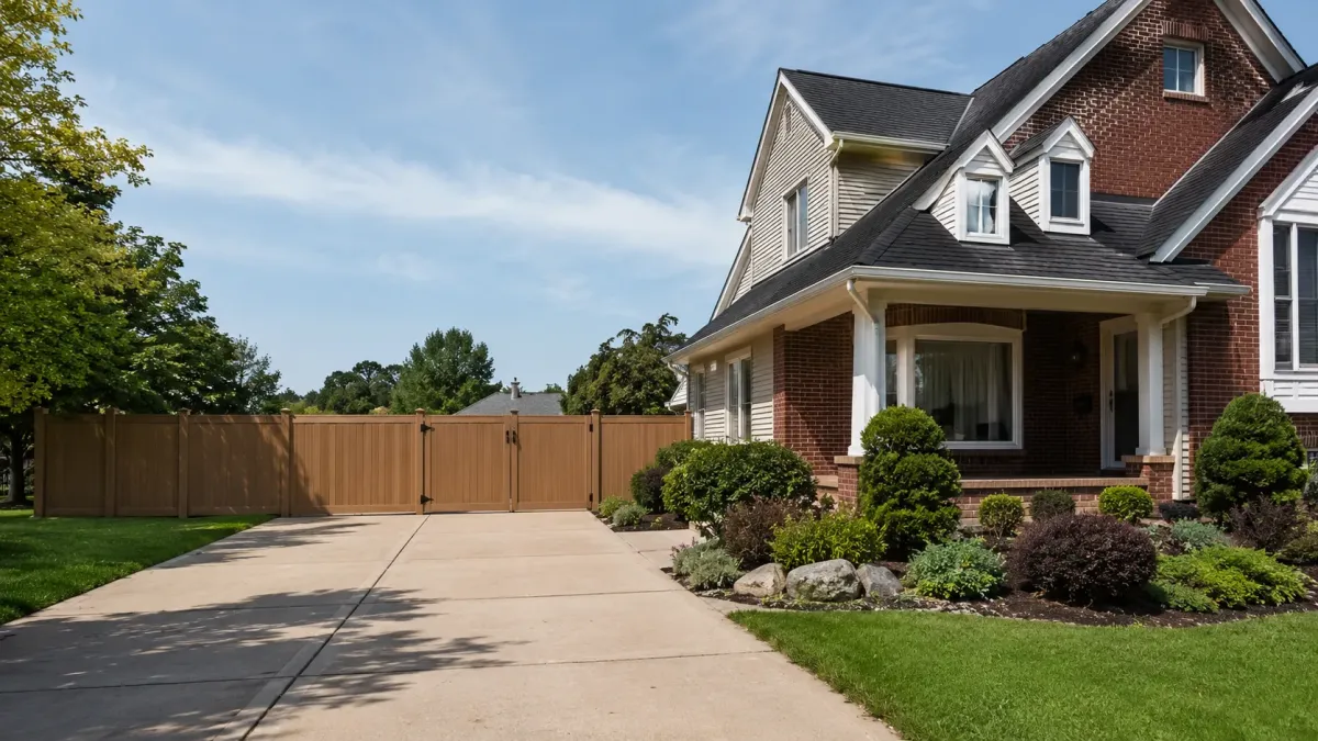 Close view of a professionally installed wood privacy fence in Dearborn MI with secure gate hardware, straight posts, and landscaped residential yard.