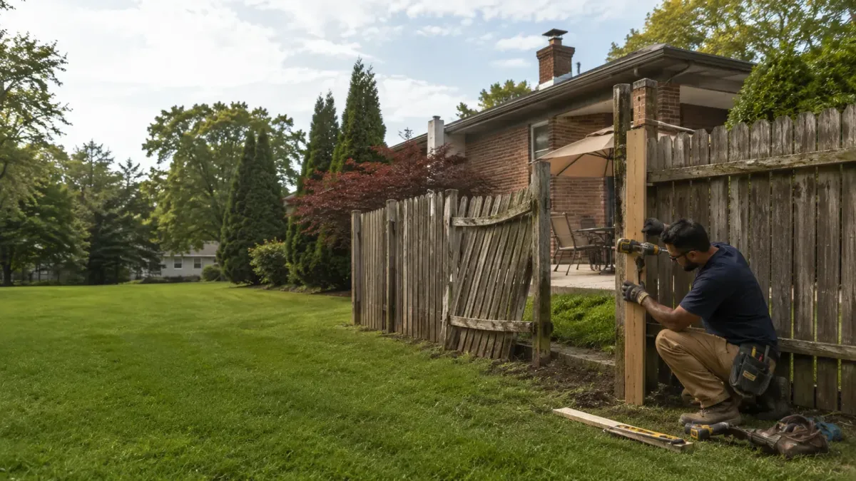 Fence contractor repairing a damaged wood fence section in the backyard of a Dearborn, MI residence.