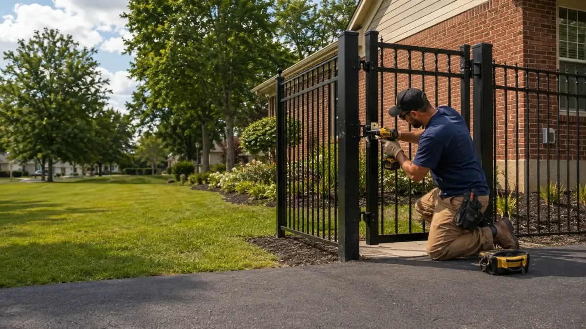 Fence technician installing hardware on a black metal gate at a residential property in Dearborn, Michigan.